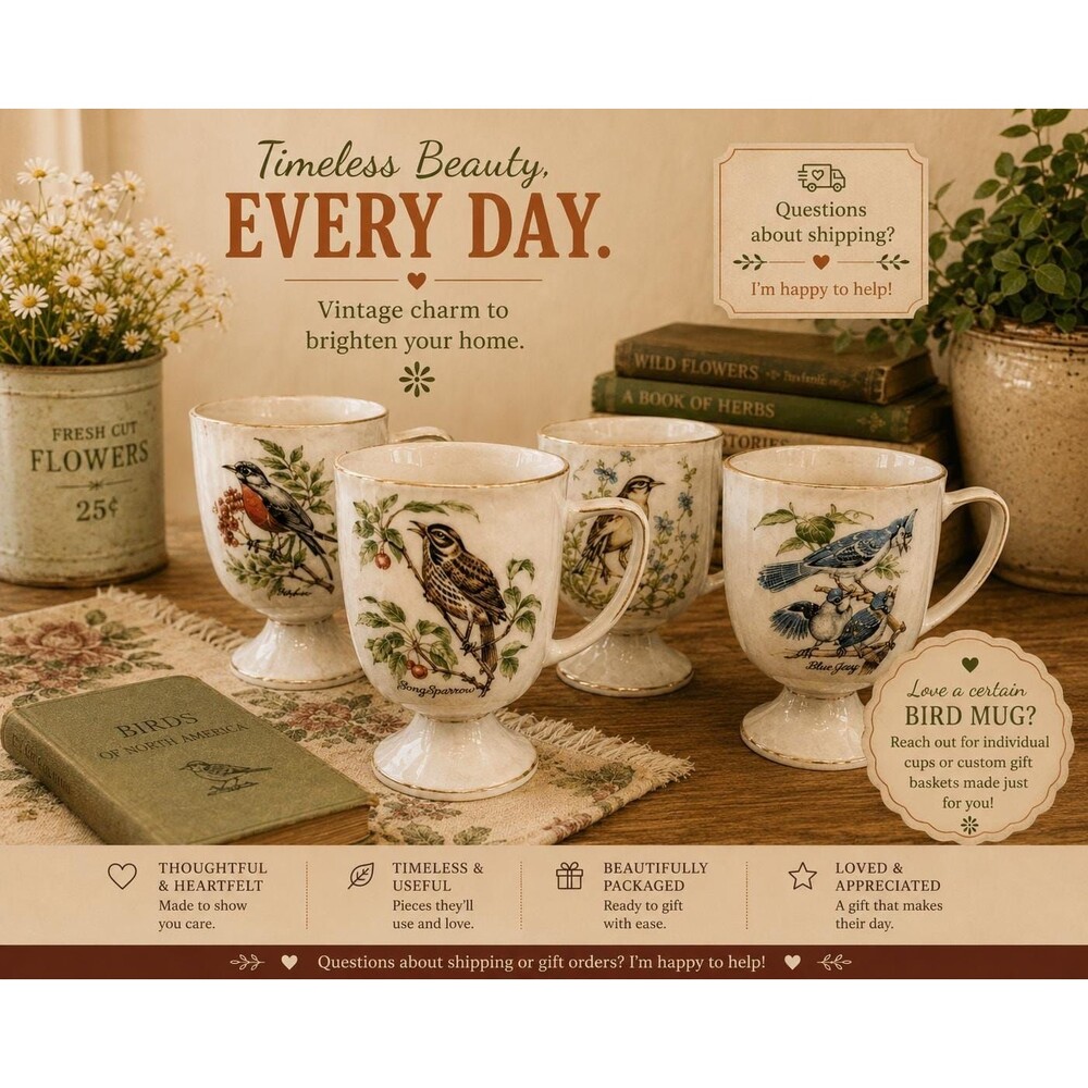 Vintage Royal Crown Porcelain Bird Mugs Set of 4 Footed Tea Cups – Robin, Song S